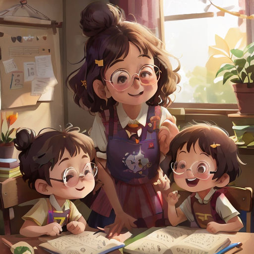 a woman and two children are reading a book together in a room with a window and a potted plant