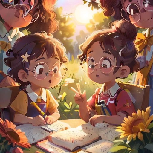 a group of children sitting at a table with books and writing on them, with the sun shining through the trees