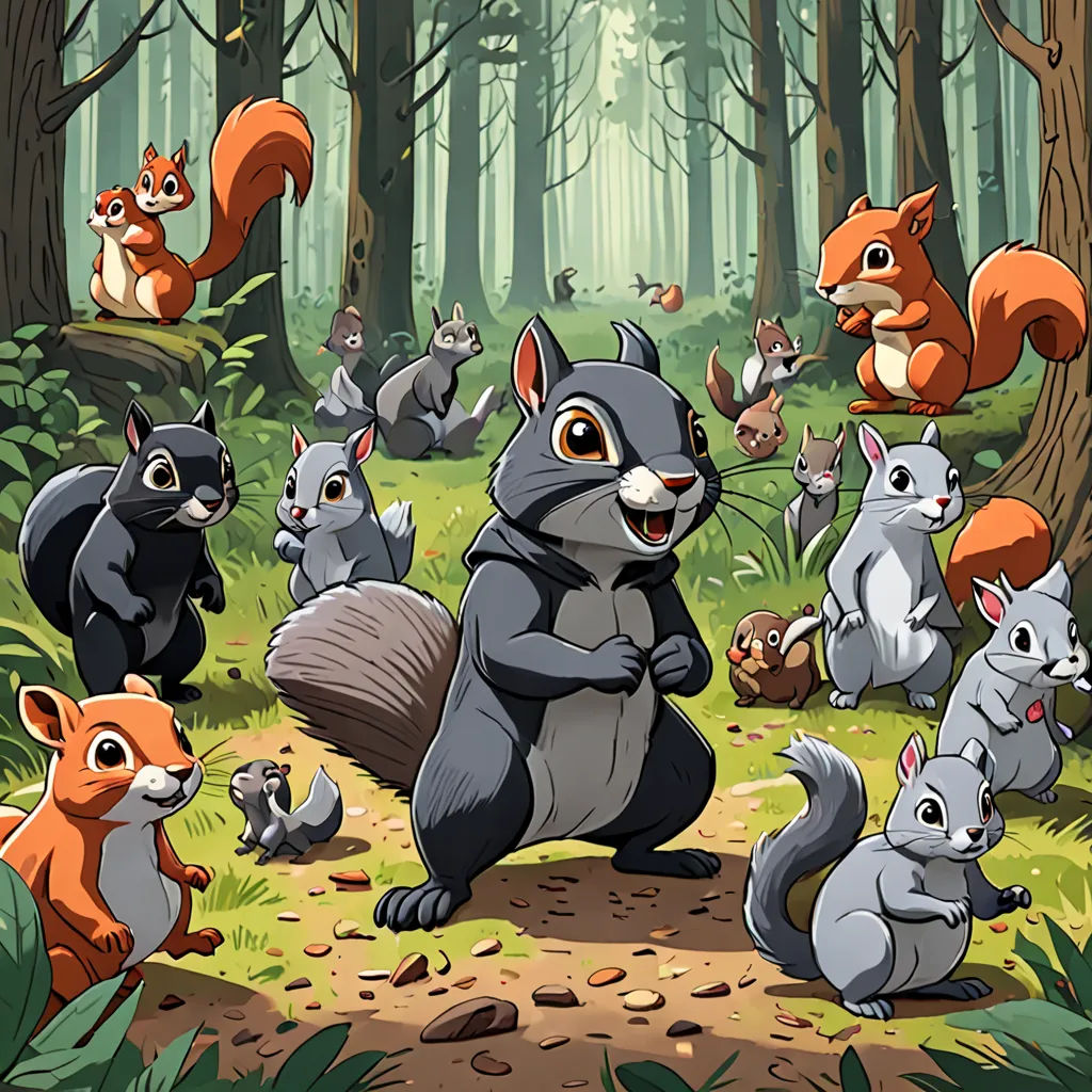 a group of animals in a forest with trees and rocks in the background, including a squirrel, a squirrel, and a squirrel, sots art, a storybook illustration, Chris LaBrooy, key art