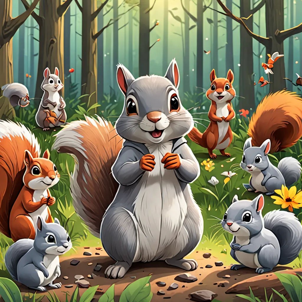 a group of squirrels standing in the forest with a squirrel on the ground and a squirrel on the ground, furry art, a storybook illustration, Chris LaBrooy, official art