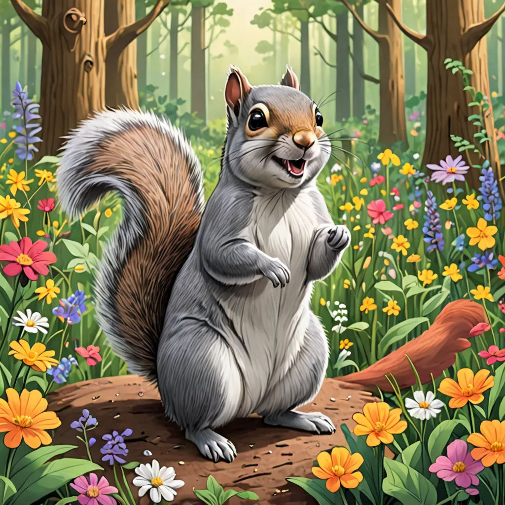 a squirrel is standing on a log in a forest full of flowers and trees, with a smiling face, furry art, a character portrait, Chris LaBrooy, official art