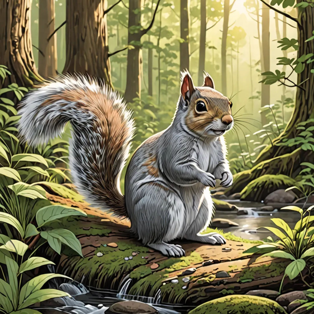 a squirrel is standing on a log in the woods with a stream running through it and trees and rocks surrounding it, furry art, a storybook illustration, Chris LaBrooy, official art