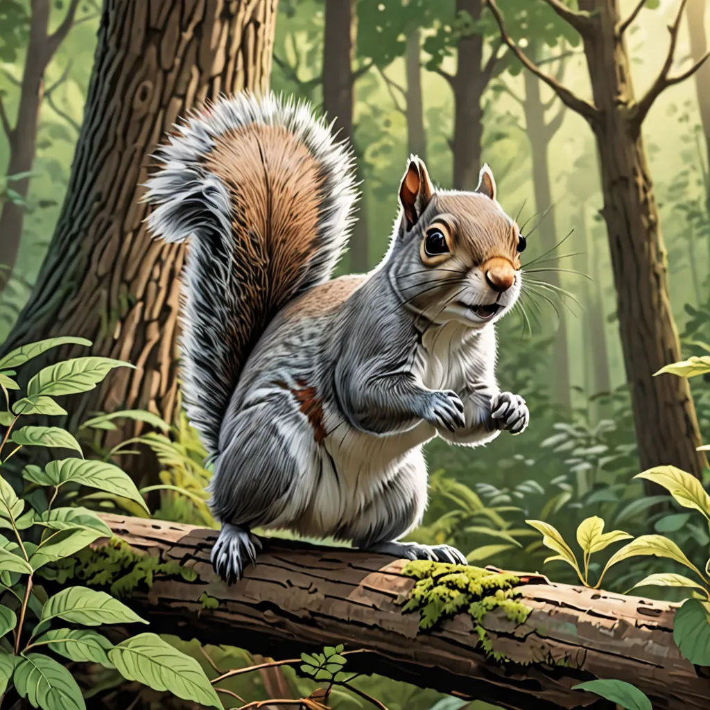 a squirrel is sitting on a tree branch in the woods with its paws on the tree branch and looking at the camera, american scene painting, a digital painting, Chris LaBrooy, highly detailed digital painting