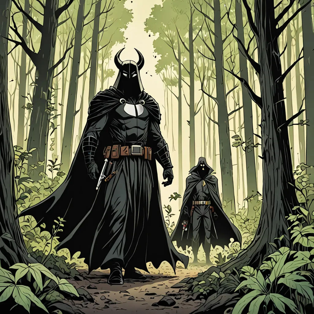 a couple of men in black costumes walking through a forest with trees and plants on either side of them, fantasy art, a comic book panel, Andrew Robinson, comic cover art