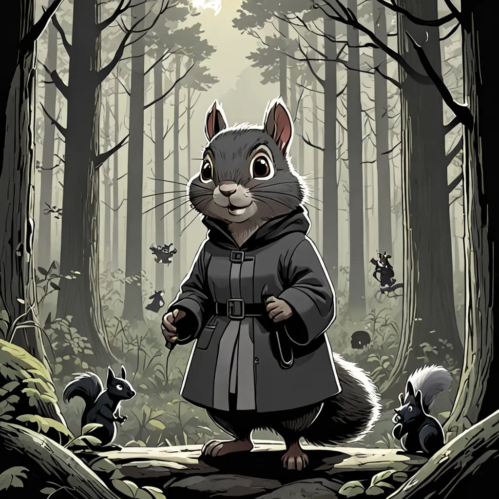 a cartoon of a squirrel dressed in a coat and a squirrel in a forest with other animals around him, furry art, a character portrait, Chris LaBrooy, official art
