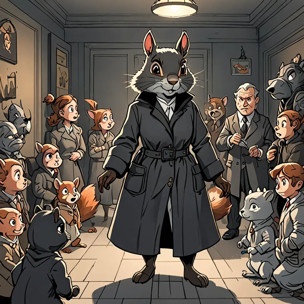 a cartoon of a man in a trench coat surrounded by people in suits and cats in a hallway with a ceiling light, furry art, a comic book panel, Art Spiegelman, official art