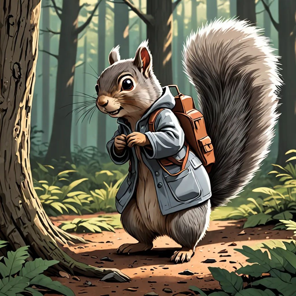a squirrel with a backpack is standing in the woods near a tree and a tree trunk with leaves on it, furry art, a character portrait, Chris LaBrooy, official art