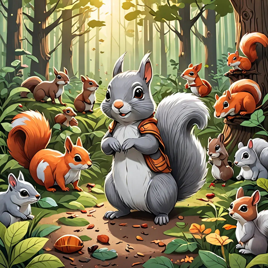 a squirrel with a backpack surrounded by other animals in a forest with sunbeams in the background and leaves on the ground, furry art, a character portrait, Chris LaBrooy, official art