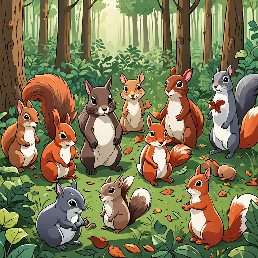 a group of squirrels in the forest with leaves on the ground and trees in the background, with a sunbeam, furry art, a storybook illustration, Chris LaBrooy, official art