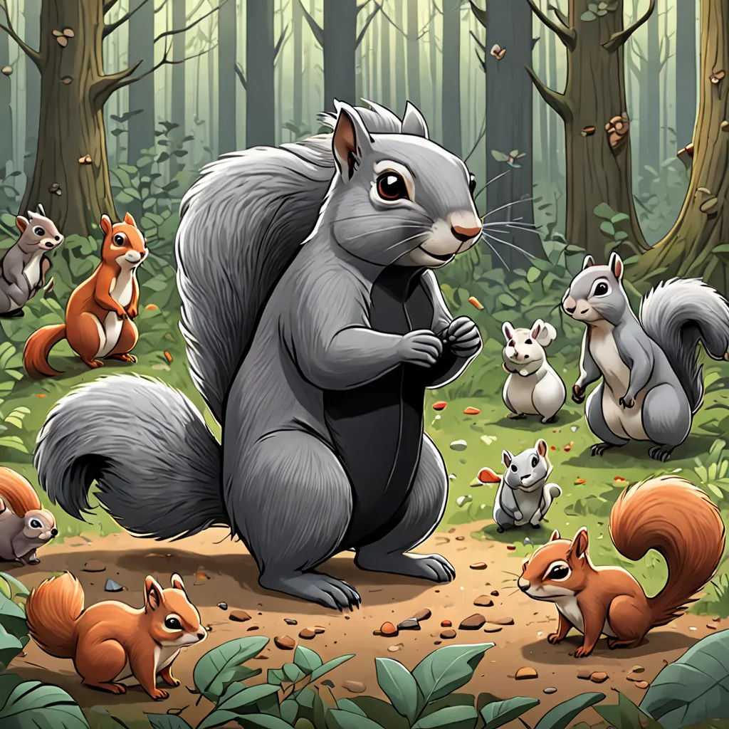 a group of squirrels in a forest with leaves and trees around them, with a squirrel holding a squirrel's paw, furry art, a storybook illustration, Chris LaBrooy, official art