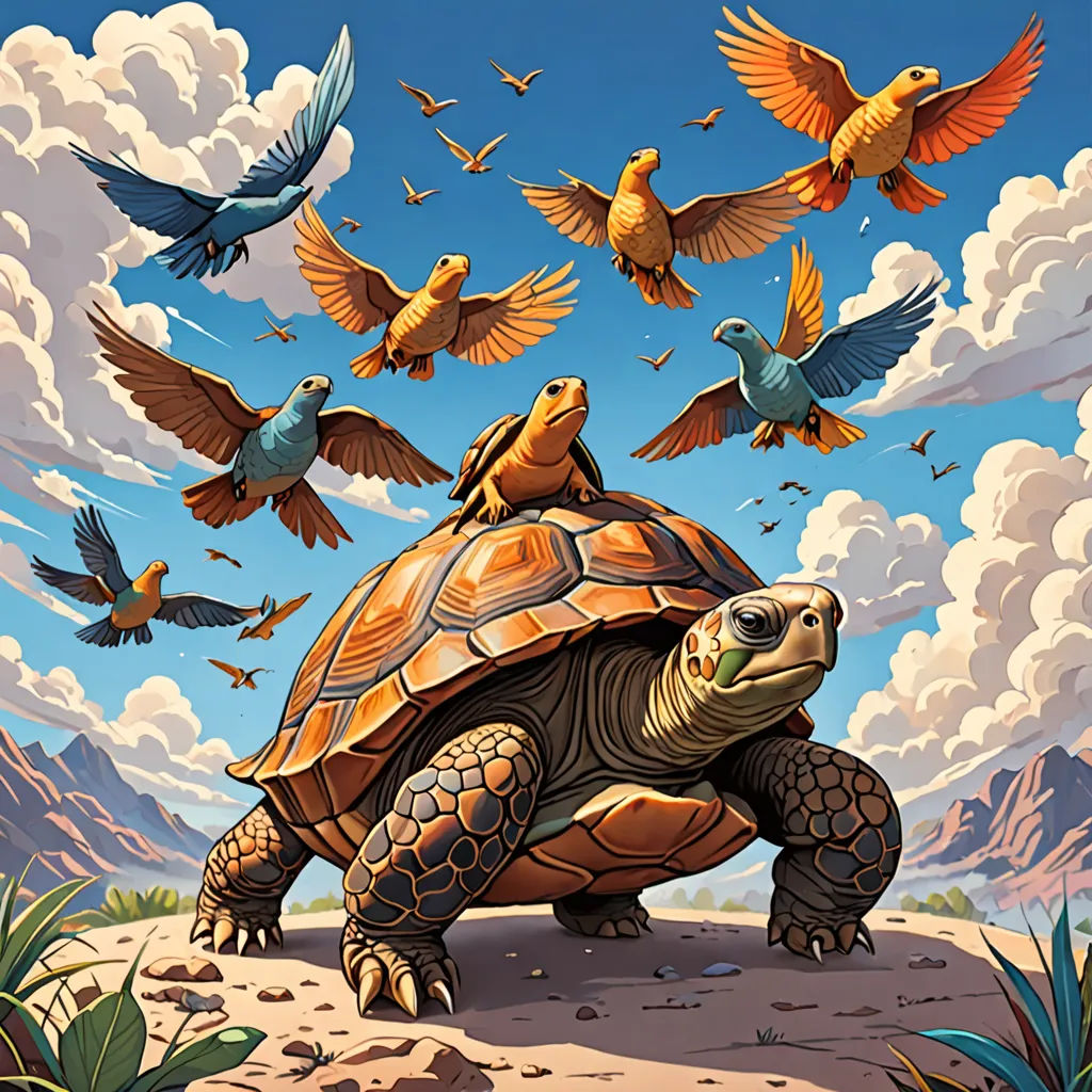 a turtle with birds flying around it on a desert ground with a mountain in the background and a blue sky with clouds, american scene painting, a storybook illustration, Chris LaBrooy, highly detailed digital painting