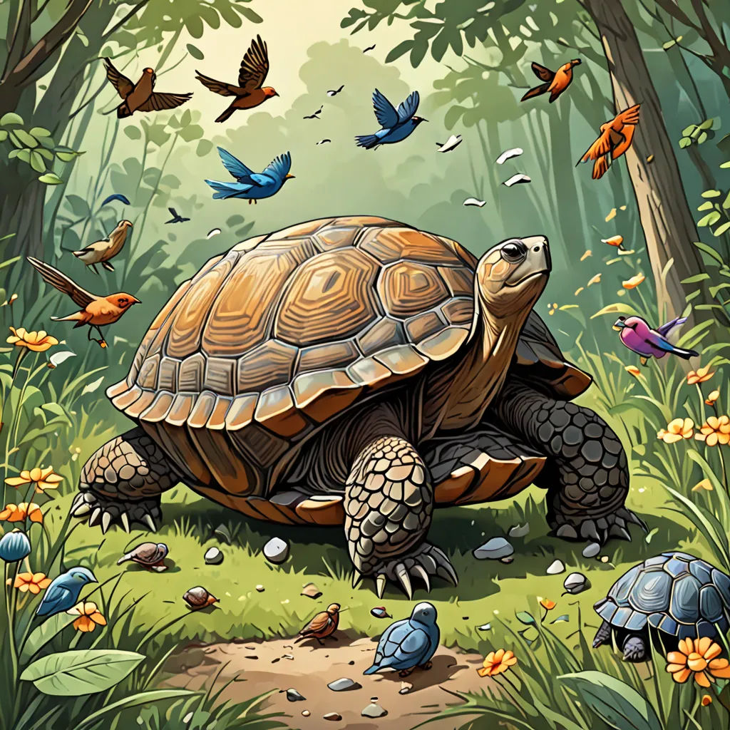 a turtle in the middle of a forest with birds flying around it and a bird on the ground below, fantasy art, a storybook illustration, Chris LaBrooy, game art
