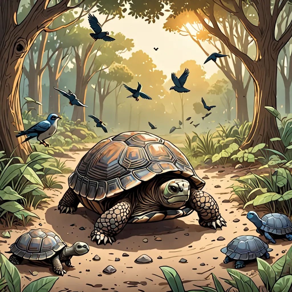 a turtle and two birds are walking through the woods together, with a bird flying overhead in the background, fantasy art, a storybook illustration, Dan Mumford, storybook illustration