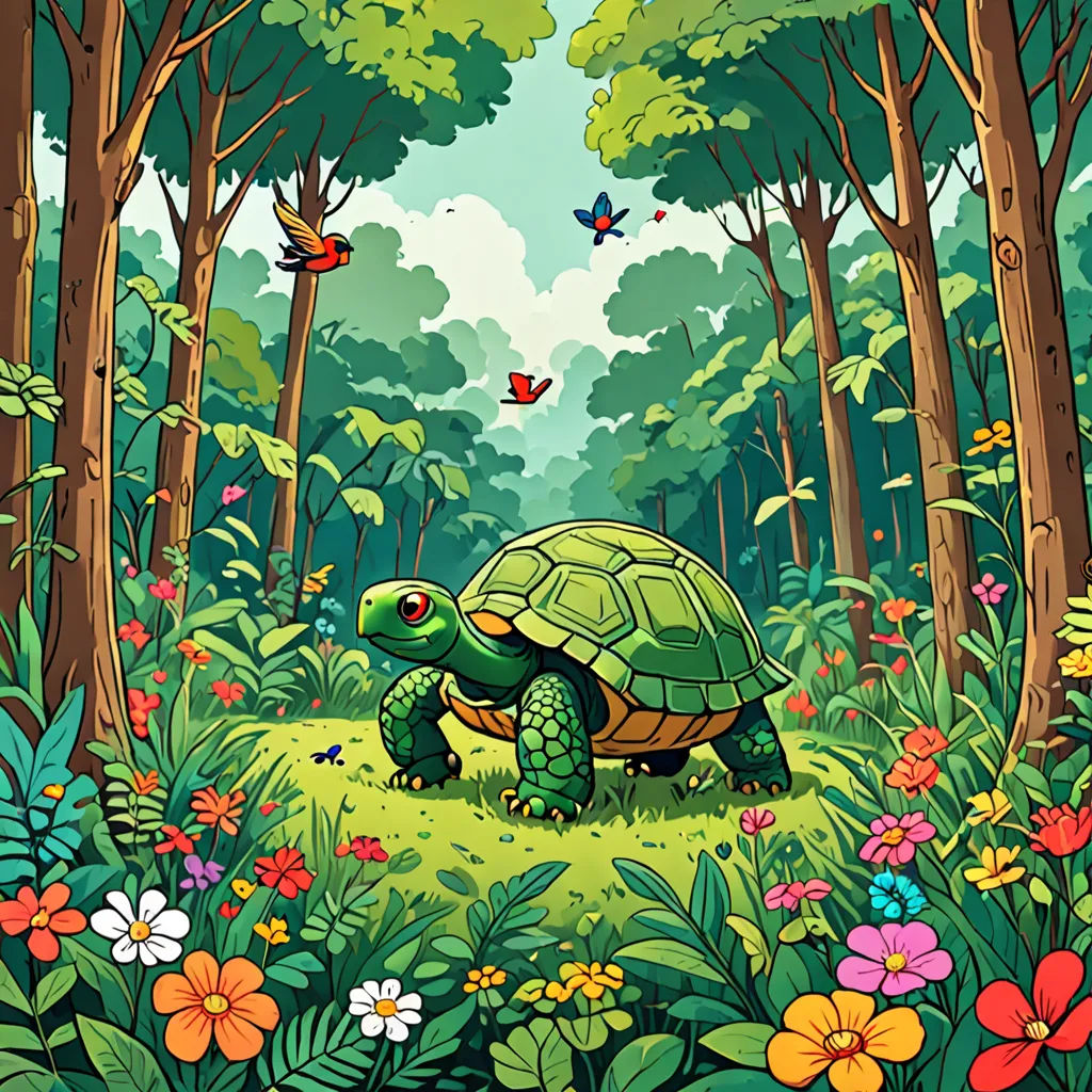 a painting of a turtle in a forest with butterflies flying around it and a butterfly on the ground above it, environmental art, a storybook illustration, Chris LaBrooy, storybook illustration