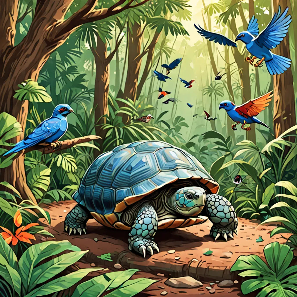 a painting of a turtle and birds in a jungle setting with trees and plants and birds flying around it, fantasy art, a storybook illustration, Chris LaBrooy, highly detailed digital painting