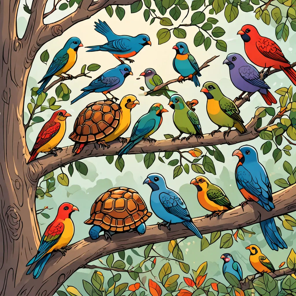 a painting of a tree with many birds and a turtle on it's branch, with leaves and a sky background, naturalism, a storybook illustration, Chris LaBrooy, detailed illustration