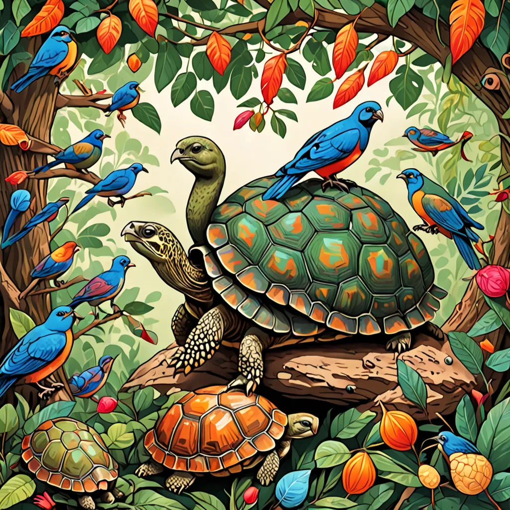 a painting of a turtle and many birds in a forest with trees and leaves on the ground and a bird on the top of the turtle, psychedelic art, a storybook illustration, Chris LaBrooy, highly detailed digital painting