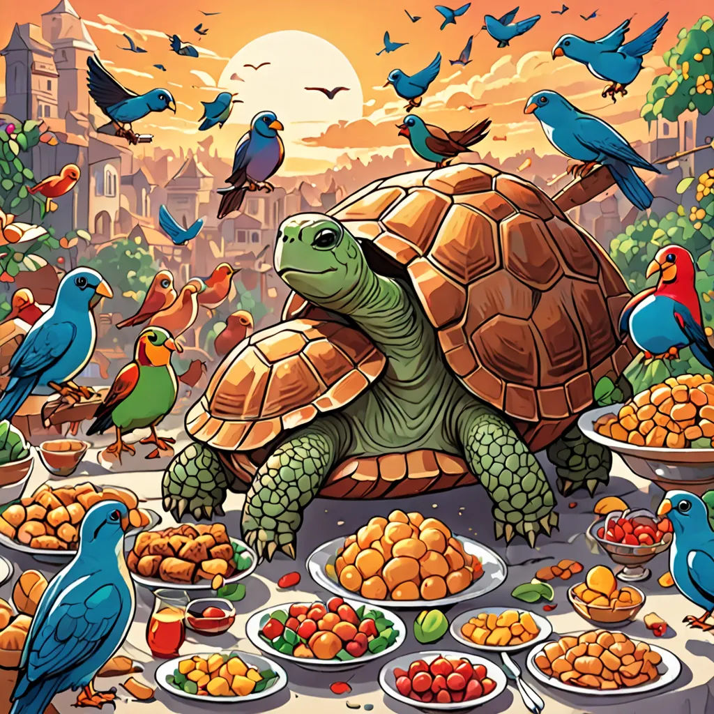 a turtle surrounded by birds and plates of food on a table with a sunset in the background and a cityscape in the background, maximalism, a storybook illustration, Chris LaBrooy, josan gonzales and dan mumford