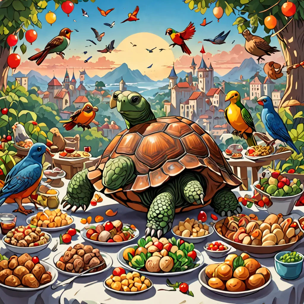 a painting of a turtle eating food on a table with birds flying around it and a city in the background, magic realism, a storybook illustration, Chris LaBrooy, highly detailed digital painting