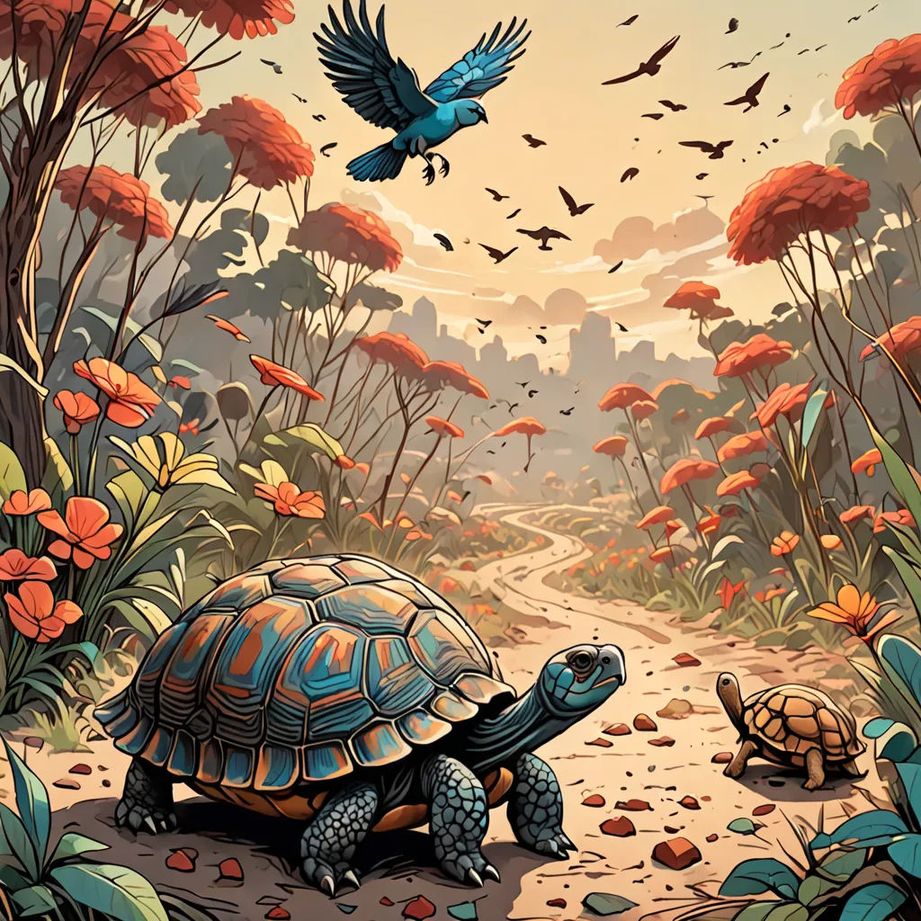 a painting of a turtle and a bird in a forest with flowers and trees in the background and a bird flying over the turtle, fantasy art, a storybook illustration, Dan Mumford, josan gonzales and dan mumford