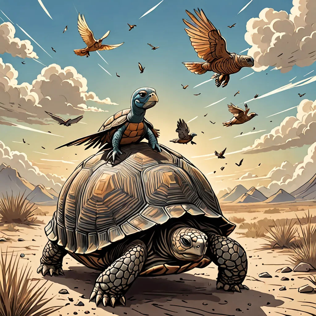 a turtle with a bird on its back and a bird on its back on top of it, in the middle of a desert, psychedelic art, a storybook illustration, Chris LaBrooy, josan gonzales and dan mumford