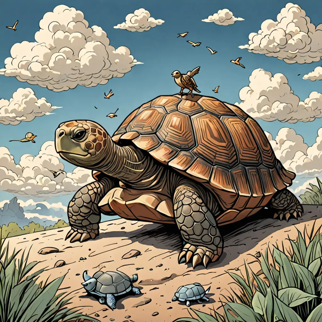 a turtle and two baby turtles are on a dirt road with clouds in the background and birds flying overhead, psychedelic art, a storybook illustration, Chris LaBrooy, detailed illustration
