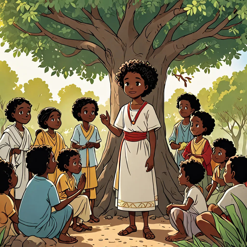 a cartoon of a woman standing in front of a group of children under a tree with a man holding a microphone, hurufiyya, a storybook illustration, Afewerk Tekle, official art