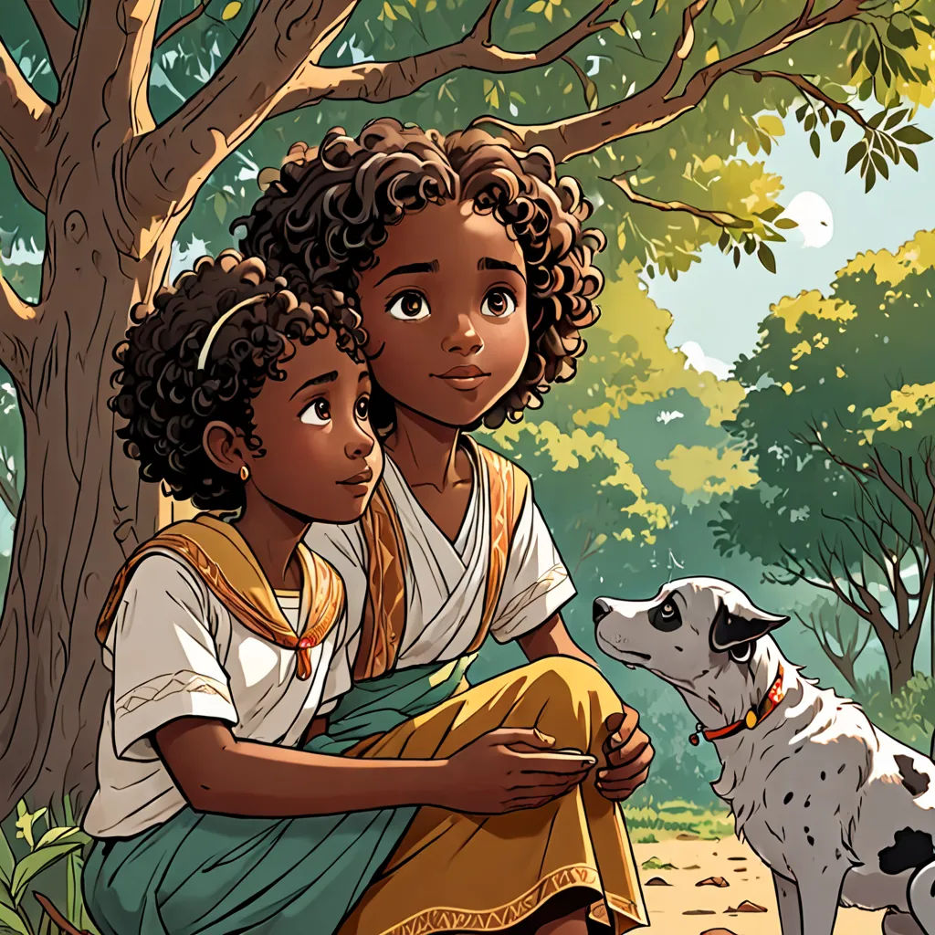 a painting of a woman and a dog in a forest with trees and grass in the background, with a dog looking at her, afrofuturism, a storybook illustration, Ella Guru, comic cover art