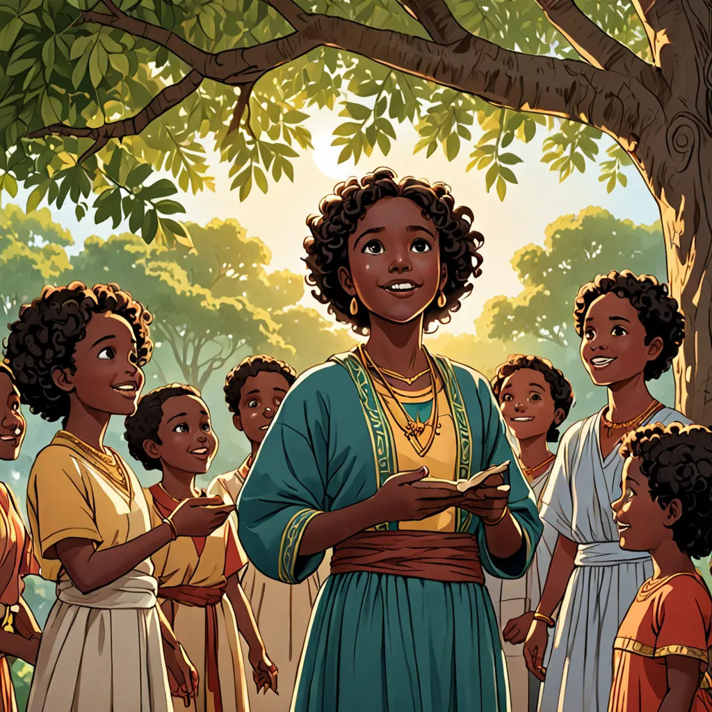 a woman in a blue dress standing in front of a group of people under a tree with a tree, afrofuturism, a storybook illustration, Ella Guru, official art