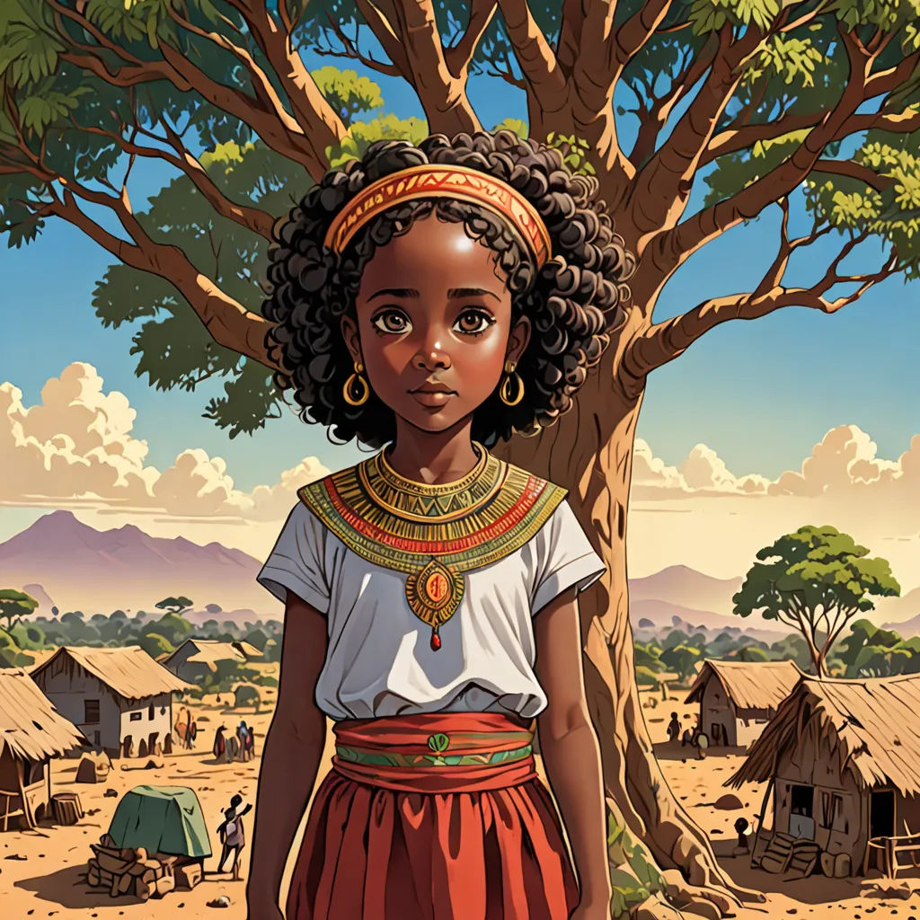 a painting of a woman standing in front of a tree with a village in the background and a sky with clouds, afrofuturism, a character portrait, Chinwe Chukwuogo-Roy, comic cover art