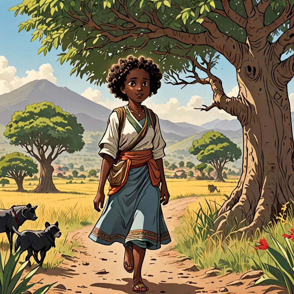 a painting of a woman walking down a dirt road with a dog on a leash behind her and a tree in the background, afrofuturism, a storybook illustration, Asaf Hanuka, comic cover art