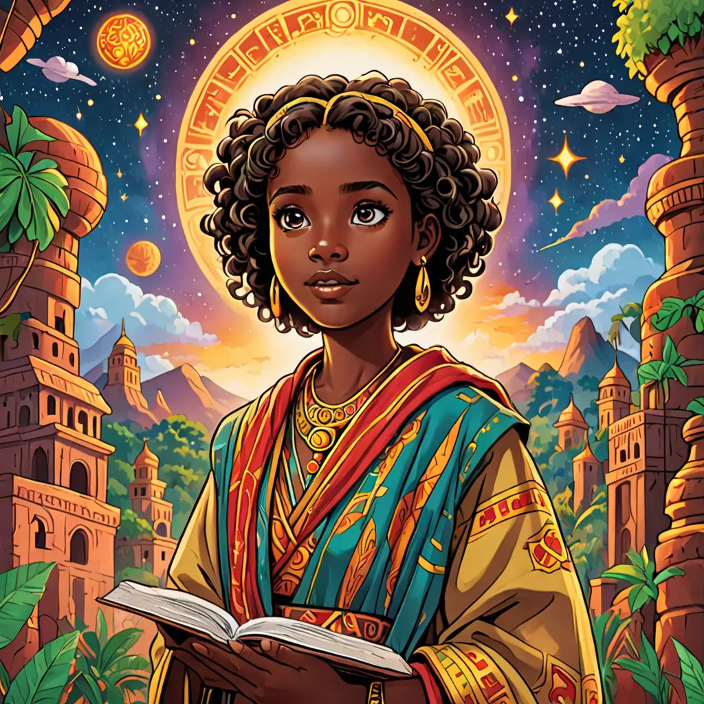 a black woman with a book in her hands in front of a painting of a city and a sun, afrofuturism, a storybook illustration, Colin Middleton, comic cover art