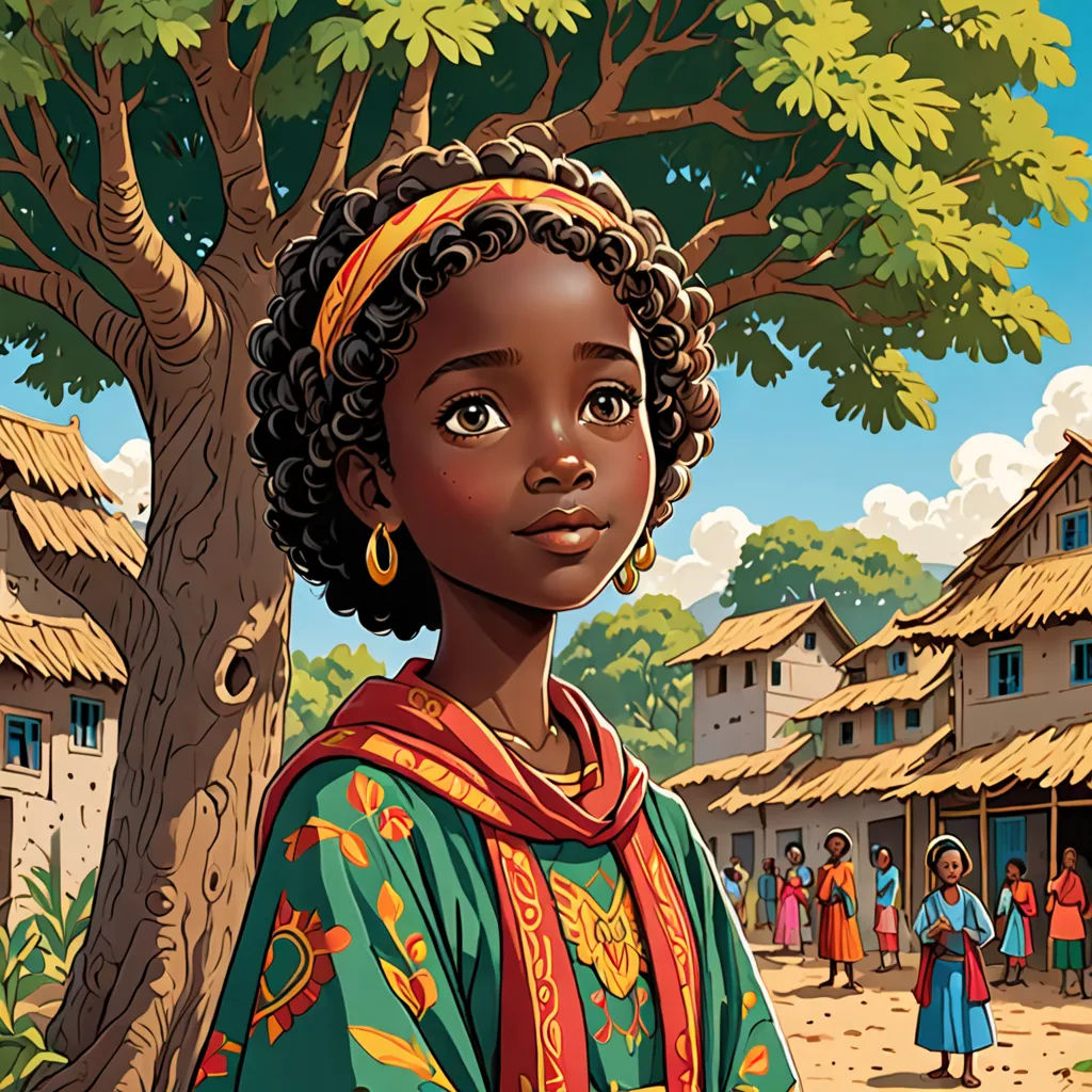 a painting of a woman in a village with a tree in front of her and a group of people in the background, afrofuturism, a storybook illustration, Chinwe Chukwuogo-Roy, storybook illustration
