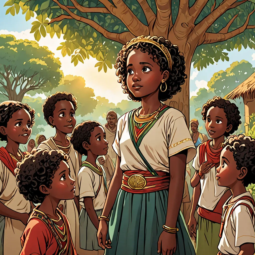 a painting of a woman standing in front of a group of children in a forest with a tree in the background, afrofuturism, a storybook illustration, Afewerk Tekle, comic cover art
