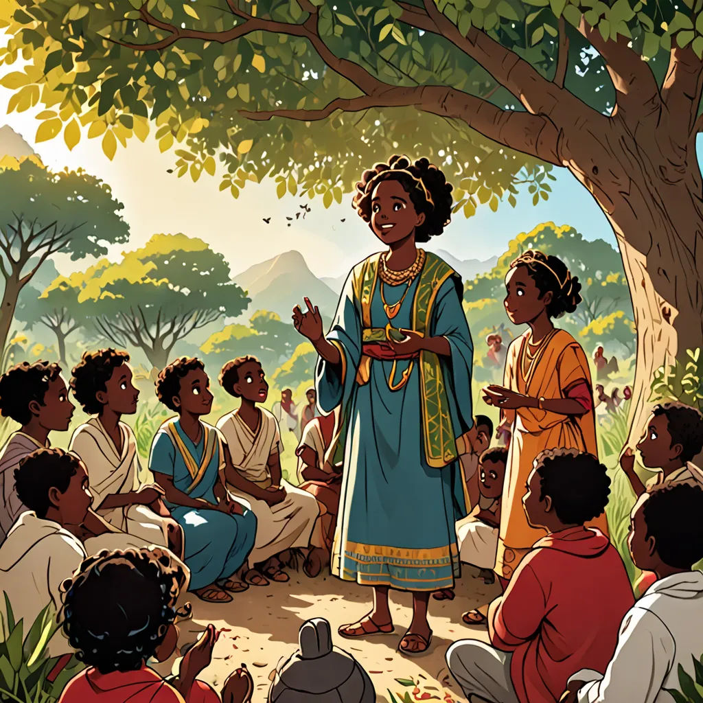 a woman standing in front of a group of people in a forest with a tree in the background and a man standing in front of the group, afrofuturism, a storybook illustration, Afewerk Tekle, storybook illustration