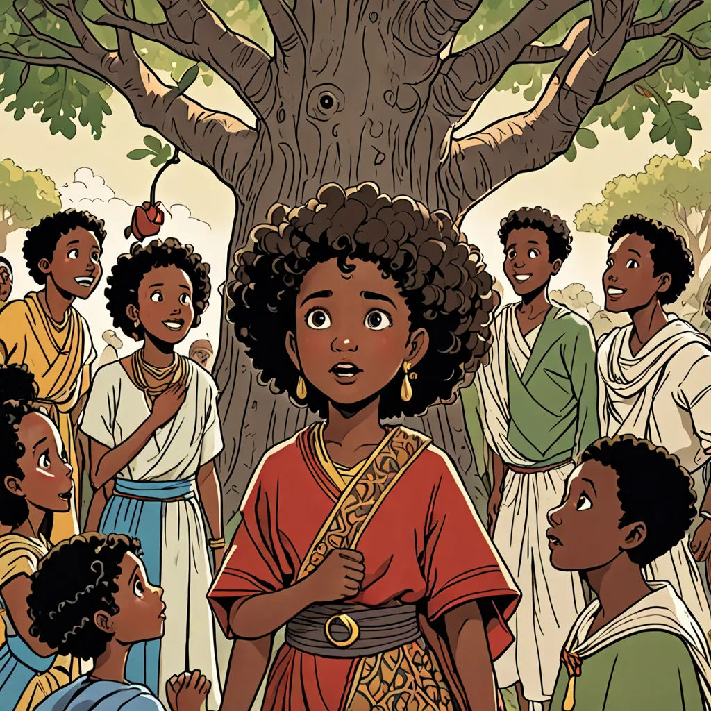 a cartoon of a woman standing in front of a group of people under a tree with a tree trunk, afrofuturism, a storybook illustration, Asaf Hanuka, graphic novel