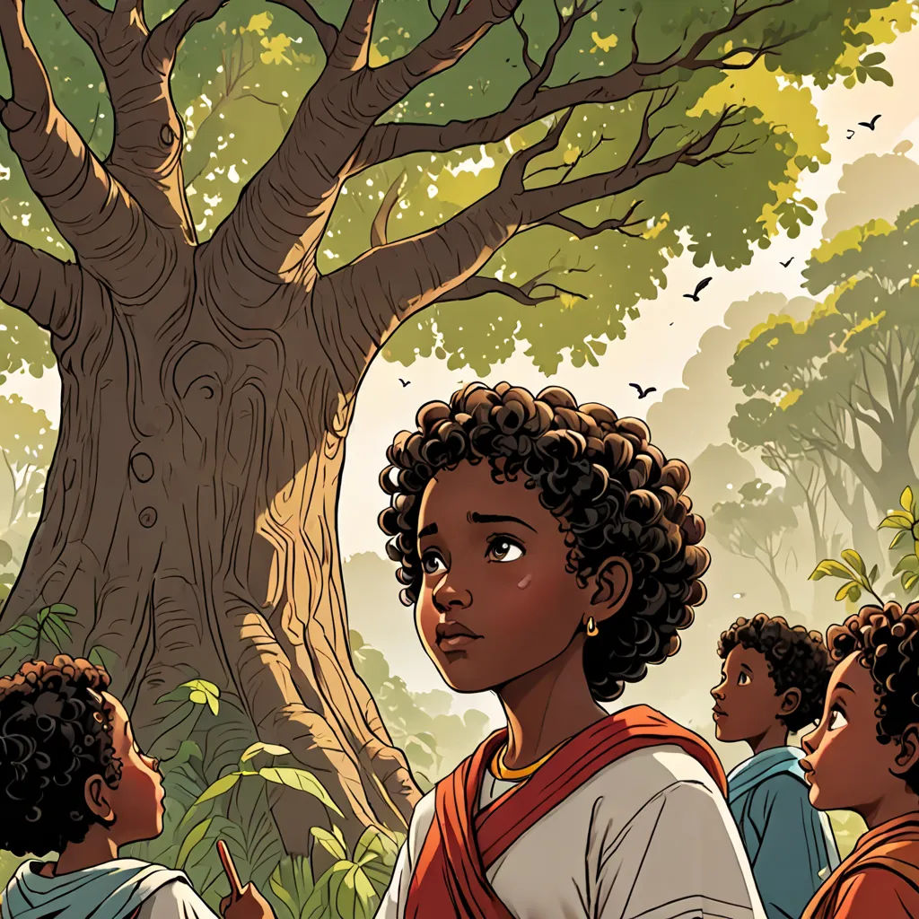 a painting of a group of children standing in front of a tree with a bird flying overhead in a forest, afrofuturism, a storybook illustration, Asaf Hanuka, comic cover art