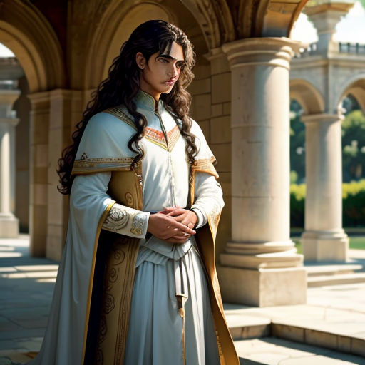 a woman dressed in a white and gold outfit standing in front of a building with columns and arches on either side of her