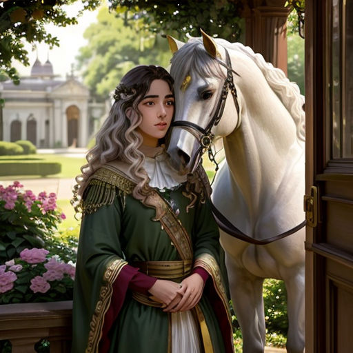 a painting of a woman in a green dress standing next to a white horse in a garden with pink flowers