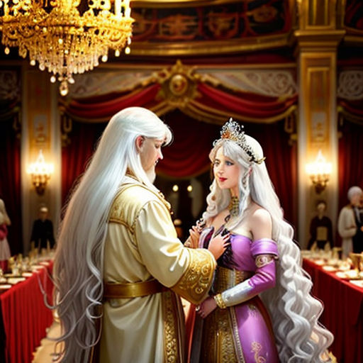 a painting of a man and woman in a ballroom talking to each other with a chandelier hanging above them