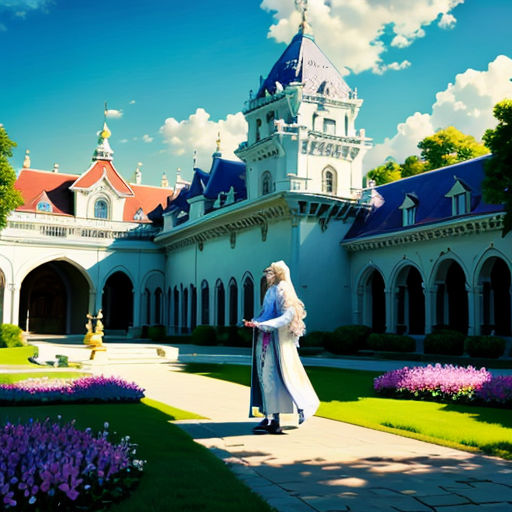 a woman in a white dress and a man in a blue suit in front of a castle with purple flowers