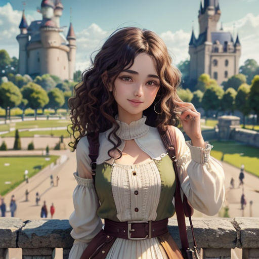 a woman in a dress standing on a bridge with a castle in the background and a woman in a dress holding a purse