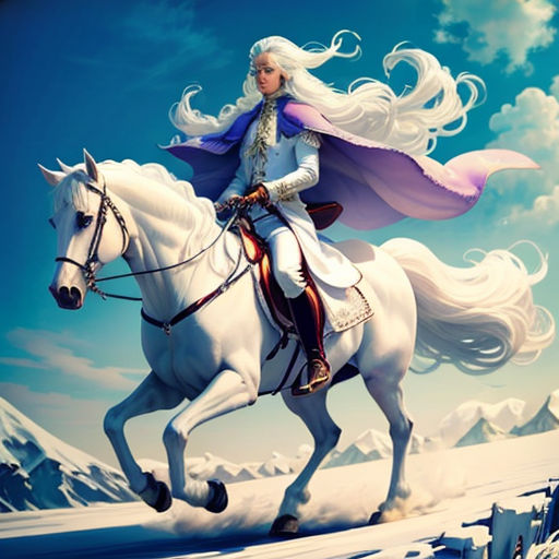 a woman riding a white horse in the snow with a purple cape on her head and a white mane