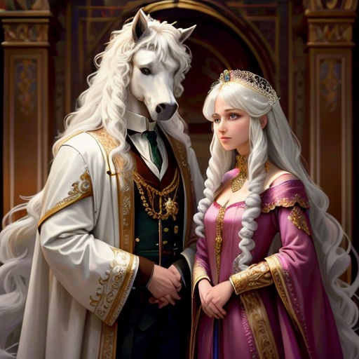 a man and woman dressed in medieval clothing standing next to a horse wearing a costume of a white horse