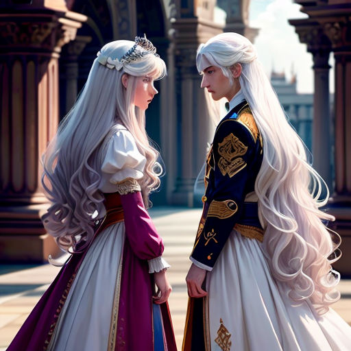 a couple of people that are standing next to each other in a courtyard with a castle in the background
