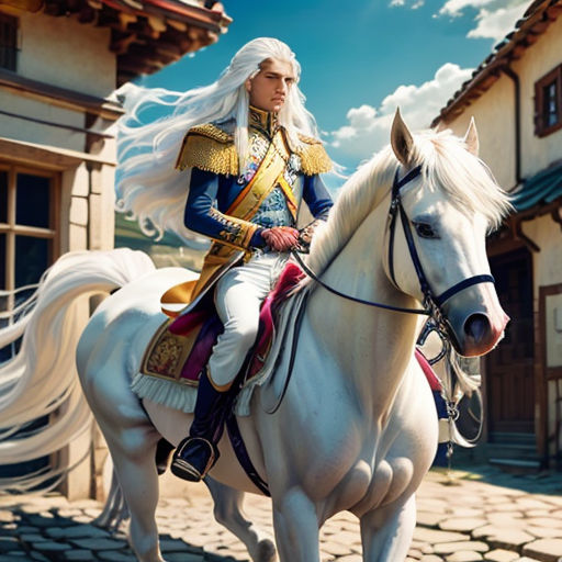 a man in a uniform riding a white horse in front of a building with a sky background and cobblestone floor