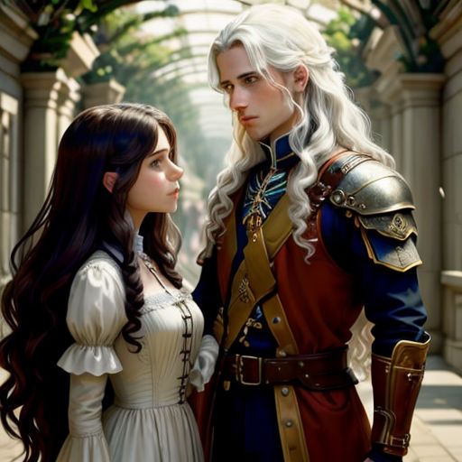 a man and a woman dressed in renaissance clothing standing next to each other in a courtyard area with arches