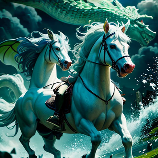 two white horses are running in the water with a dragon on their back and a man on the back of the horse