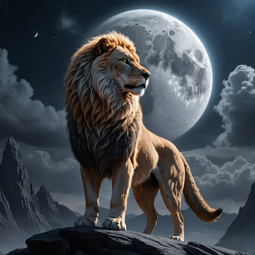 a lion standing on a rock in front of a full moon and mountains with clouds and stars in the sky, fantasy art, a digital painting, Chris LaBrooy, majestic