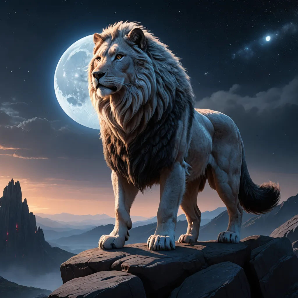 a lion standing on a rock in front of a full moon sky with mountains in the background and a mountain range in the foreground, fantasy art, a detailed matte painting, Chris LaBrooy, cinematic matte painting